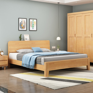 Scandinavian Style 1.95m Solid Wood Wedding Bed, Natural Wood Color Rubber Wood Solid Wood Bed, Multi-Functional Storage Bed