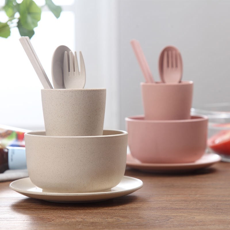 Cross-border Amazon wheat straw Bowl Cup plate spoon Fork chopsticks set student outdoor tableware six-piece promotional wholesale