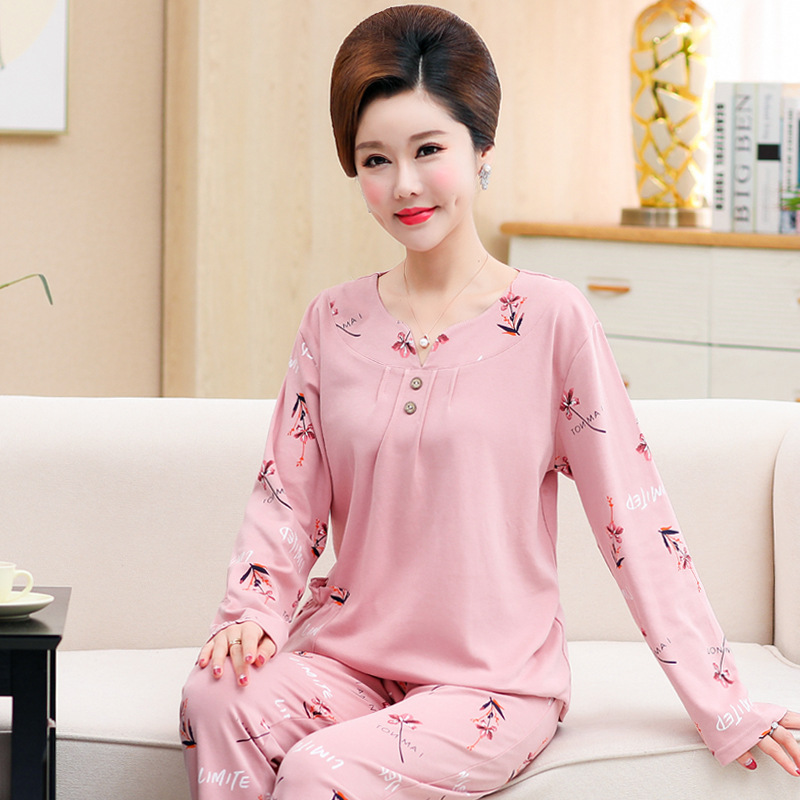 Women's long-sleeved cotton pajamas middle-aged mom spring/summer autumn cotton loose plus size home wear suit Women's long-sleeved cotton pajamas middle-aged mom spring/summer autumn cotton loose plus size home wear suit