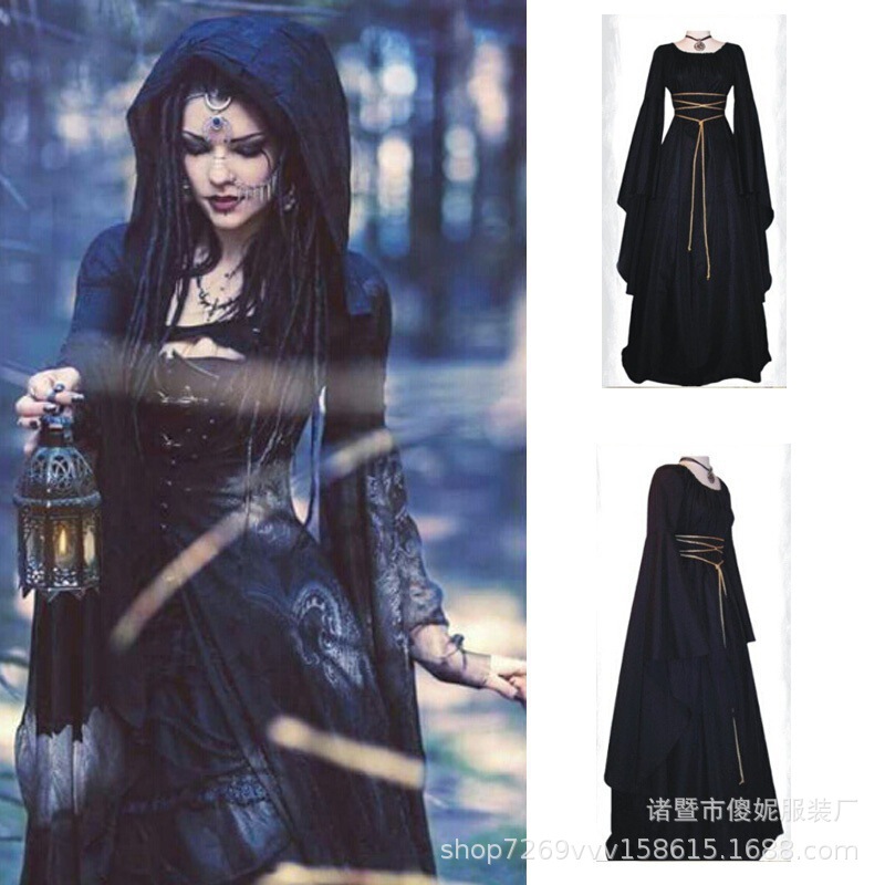 European and American Stage Performance Clothing Witch Clothing Halloween Pure Color Retro 5 Models Factory Direct Sales Medieval Long Style