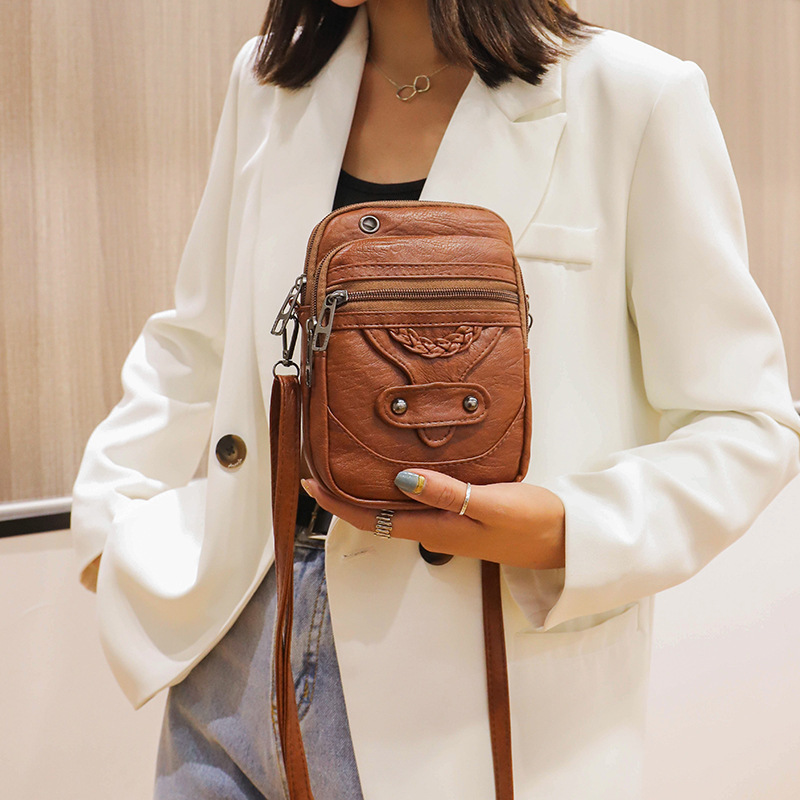 Retro Washed Leather Women's Bag Mini Soft Leather Mobile Phone Bag Korean Style Crossbody Bag Casual Multi-Layer Shoulder Bag Wholesale Retro Washed Leather Women's Bag Mini Soft Leather Mobile Phone Bag Korean Style Crossbody Bag Casual Multi-Layer Shoulder Bag Wholesale