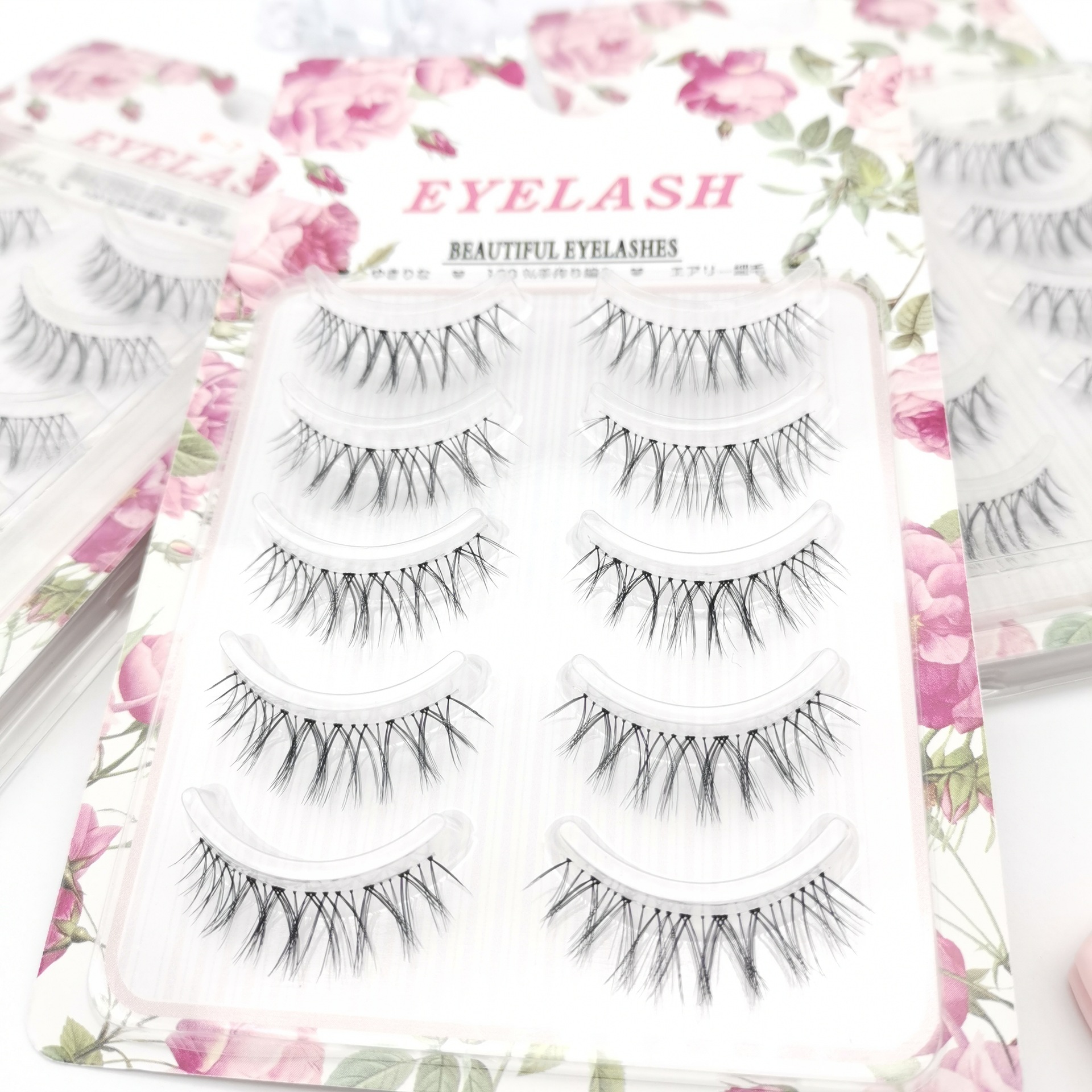 W-7 fábrica al por mayor natural afilado pestañas postizas suave transparente tallo diario maquillaje desnudo pestañas cinco pares