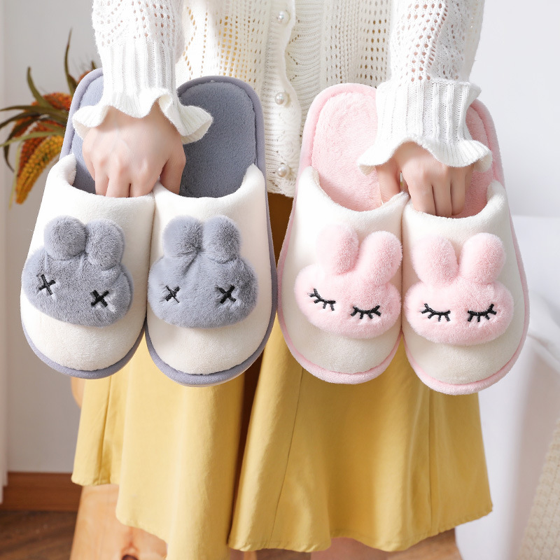 Winter New Cartoon Rabbit Cotton Slippers for Women's Home Thick-Soled Indoor Warm Couple Furry Slippers Wholesale