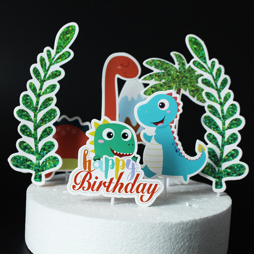New cake insert, forest cute dinosaur volcano plastic sign, children's first birthday cake decoration insert