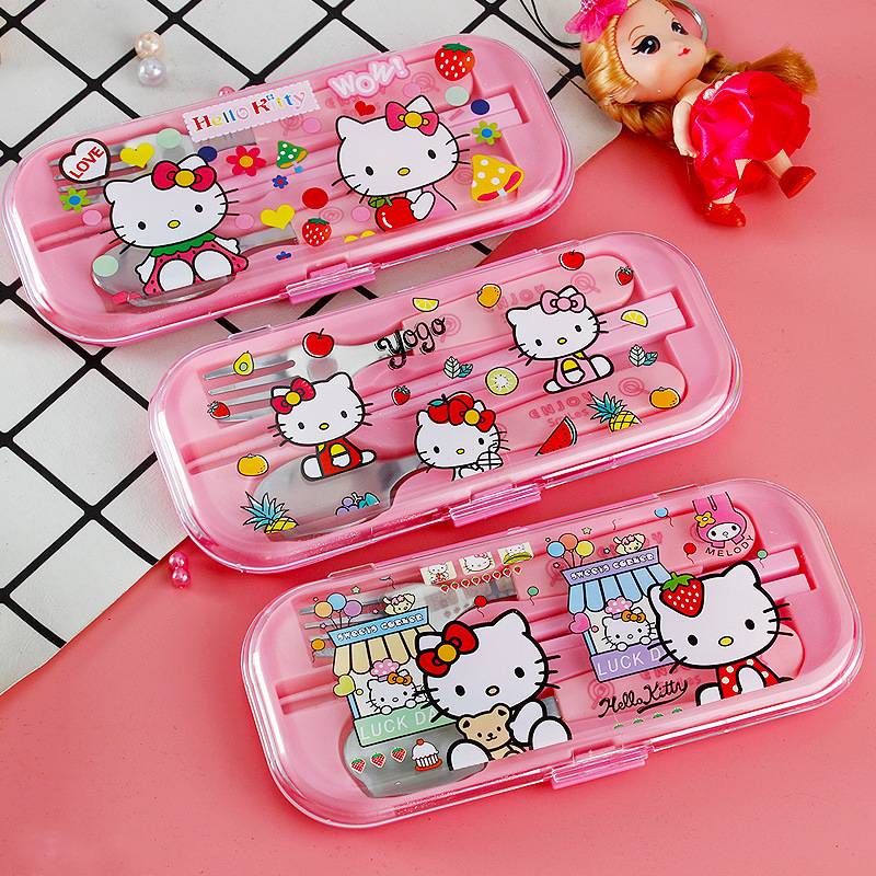 Cross-Border Foreign Trade Student Children's Tableware Set Cartoon Cute Portable Fork, Spoon and Chopsticks Three-Piece Set with Storage Box