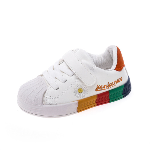 Spring and Autumn Girl Baby Soft Sole White Shoes, Unisex Children Breathable Sports Sneakers, Children's Daisies Leather Surface Casual Shoes
