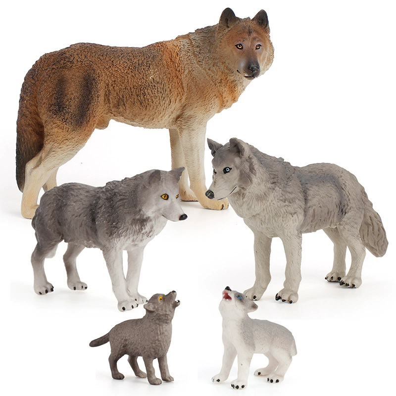 Cross -border wolf family solid static ornament brown Gongwolu mother wolf cub children puzzle cognitive animal model