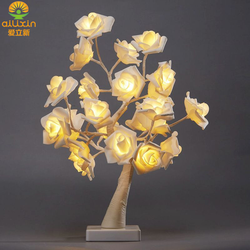 LED Rosa lámpara de modelado PE Rosa árbol lámpara de vacaciones dormitorio Lámpara decorativa regalo del Día de San Valentín lámpara de mesa de modelado