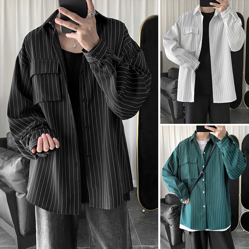 Camisa a rayas de otoño e invierno para hombre estilo Harajuku marca de moda casual Camisa de manga larga estilo coreano chaqueta de camisa suelta de pulgadas