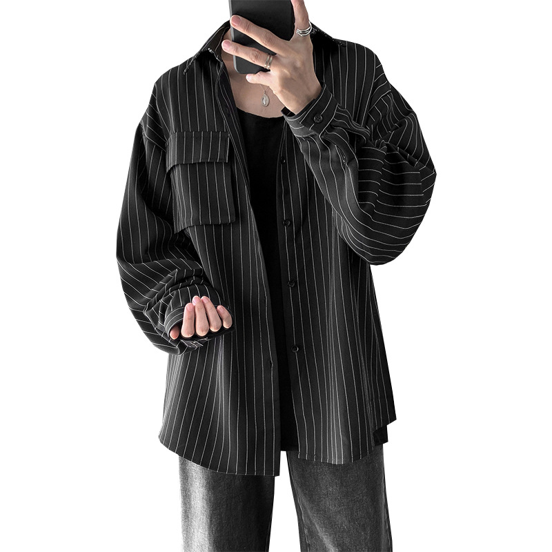 Camisa a rayas de otoño e invierno para hombre estilo Harajuku marca de moda casual Camisa de manga larga estilo coreano chaqueta de camisa suelta de pulgadas