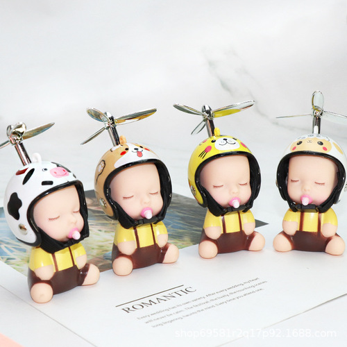 Cute Pacifier Doll with Silver Leaf Bamboo Dragonfly Helmet — Girl’s Car Interior Decor, Car-Mounted Ornament, Helmet-Shaped Adorable Baby Figurine