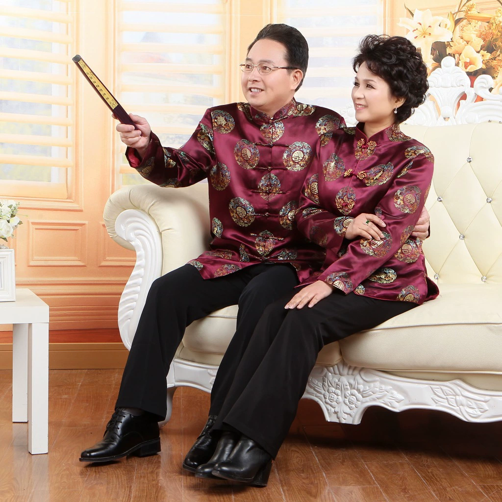 Осенний костюм для среднего и пожилого возраста 2383-6 Парный костюм Тан для мужчин и женщин с длинным рукавом Китайское платье на день рождения для пожилых людей Тонкое пальто