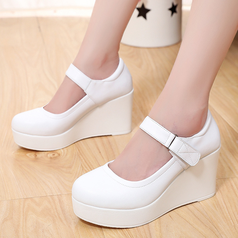 White 8cm High Heel Wedge Leather Shoes 3cm Thick Waterproof Platform Comfortable Platform Shoes Round Head Shallow Mouth Velcro Shoes Women