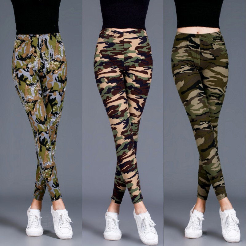Trendy camouflage outerwear leggings brushed cotton printed women's plus size stretch slimming ankle-length pants