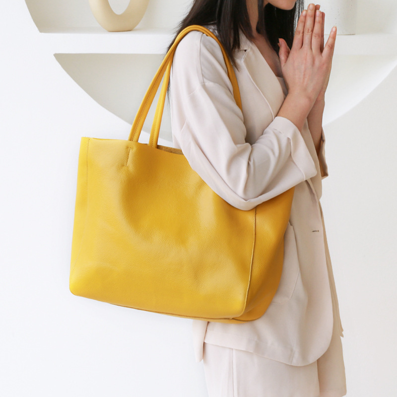 2026 New Women's Top Grain Cowhide Large Capacity Tote Bag Genuine Leather Simple Soft Leather Handbag Shoulder Bag - Thumbnail 3