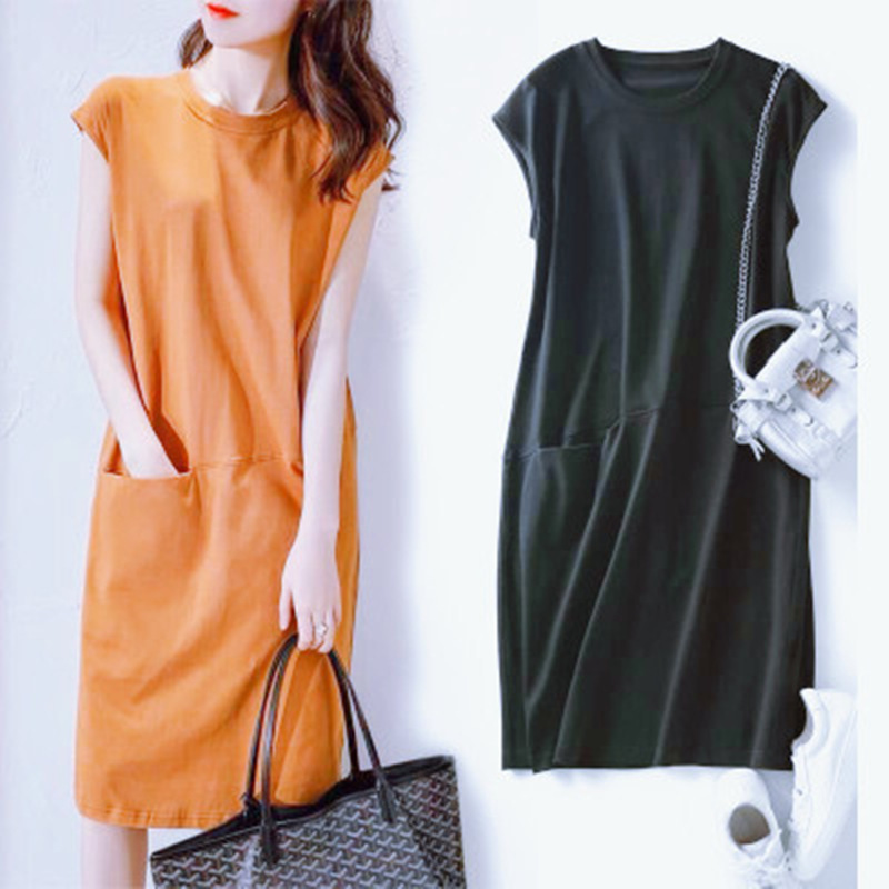 2026 Summer New Loose Slimming Solid Color T-Shirt Dress Women's Korean Style Mid-Length Fairy Dress with Patchwork 2026 Summer New Loose Slimming Solid Color T-Shirt Dress Women's Korean Style Mid-Length Fairy Dress with Patchwork