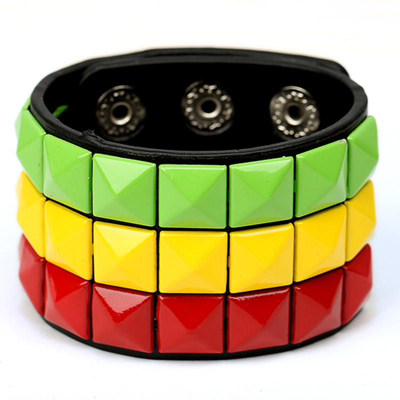European and American New Punk Multicolor Quartet Nail Leather Bracelet Personalized Riding Bar Jewelry Men's Wide Leather PU Bracelet European and American New Punk Multicolor Quartet Nail Leather Bracelet Personalized Riding Bar Jewelry Men's Wide Leather PU Bracelet