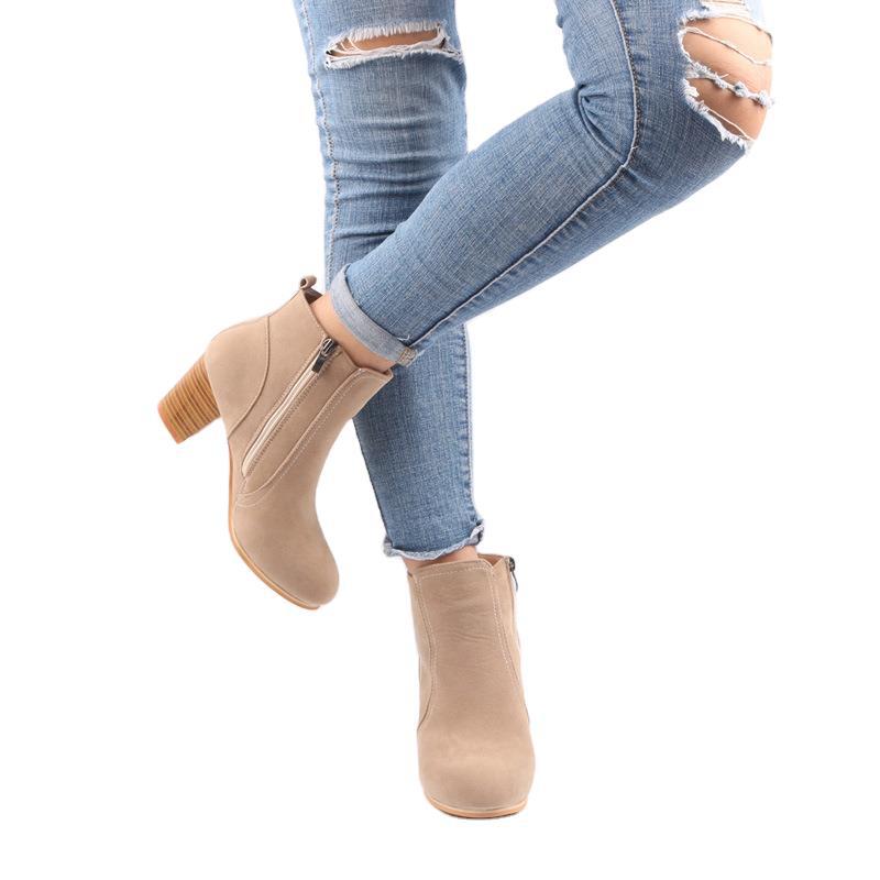 Juti Chaowang Foreign Trade European and American Autumn and Winter New Frosted Side Zipper Thick Heel Short Boots Large Size Women's Shoes Dropshipping