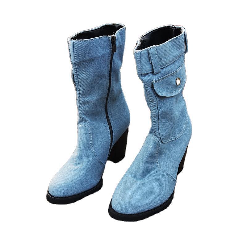 2020 autumn and winter giant TWIPS Amazon independent station wish European and American foreign trade large size high heel denim medium tube women's boots