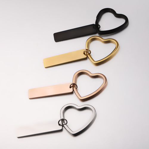 Mirror polished stainless steel keychain square long tag peach heart key ring glossy engravable logo pendant