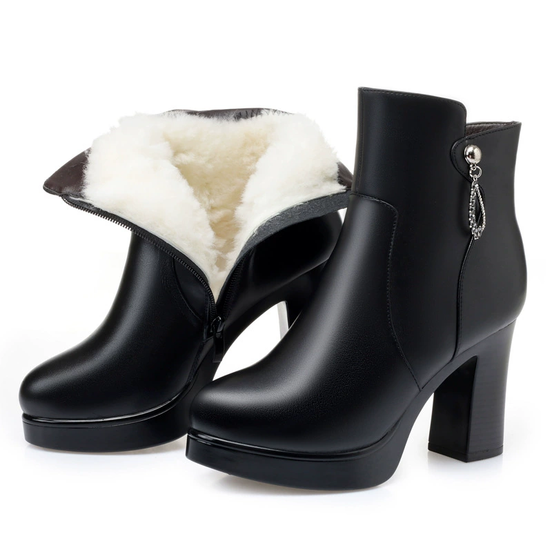 Женские ботинки из натуральной кожи, шерстяные женские ботинки на высоком каблуке, хлопковые ботинки на платформе с флисовой подкладкой на толстом каблуке, обувь для мам среднего возраста, хлопчатобумажная обувь