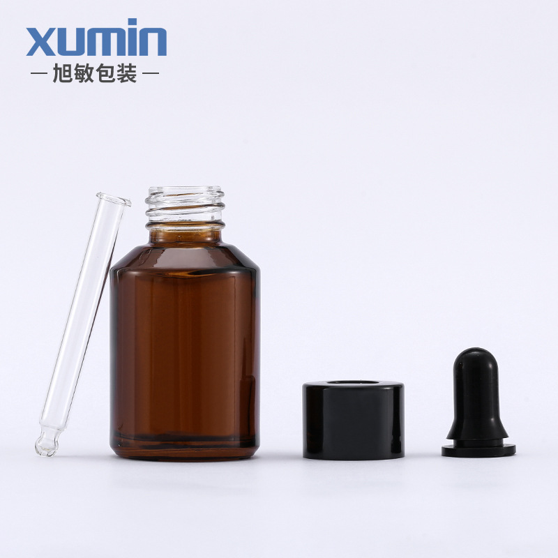 Botella de esencia Xumin de 30 ml, botella de líquido cosmético marrón, botella de vidrio con gotero de hombro oblicuo verde, botella de vidrio