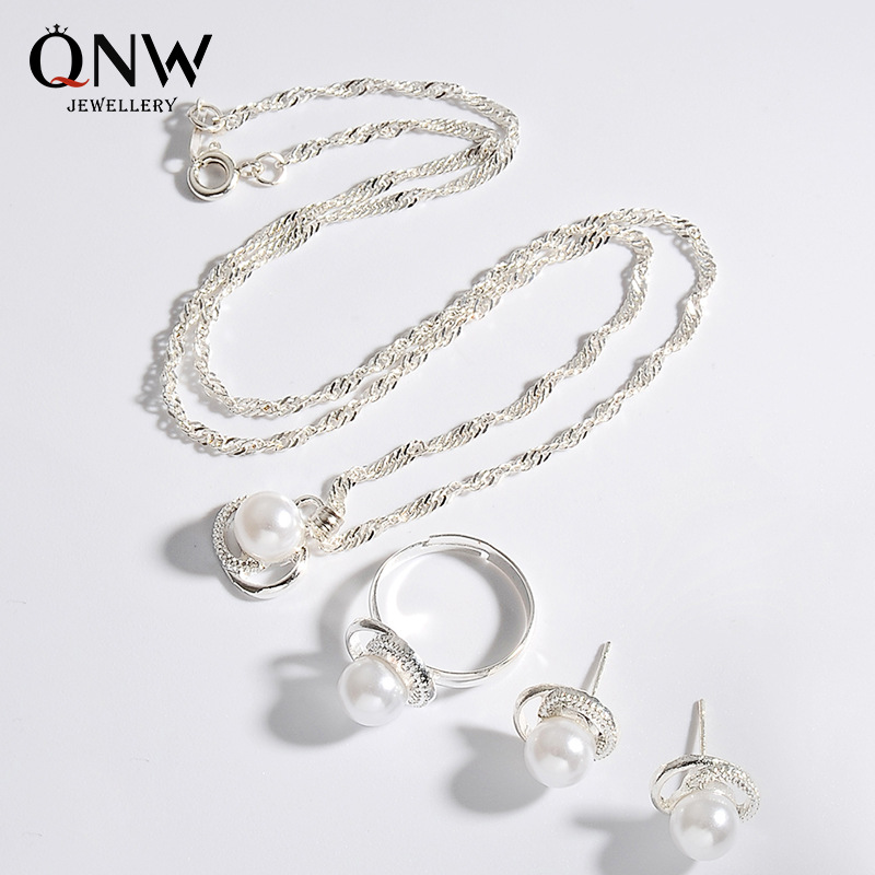 Cross-border Hot Pearl Earrings Necklace suit Wedding Banquet Dress Accessories Exquisite Three-piece Bridal Jewelry