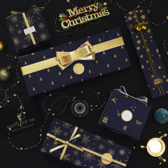 光沢のある銅板紙ギフトギフト紙金属ネイビーブループリントゴールドスタードットリボンロゴクリスマスギフト包装紙