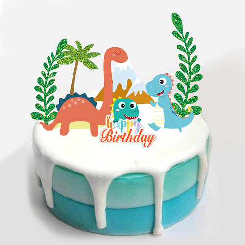 New cake insert, forest cute dinosaur volcano plastic sign, children's first birthday cake decoration insert