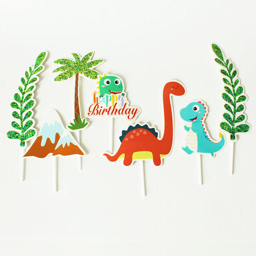 New cake insert, forest cute dinosaur volcano plastic sign, children's first birthday cake decoration insert