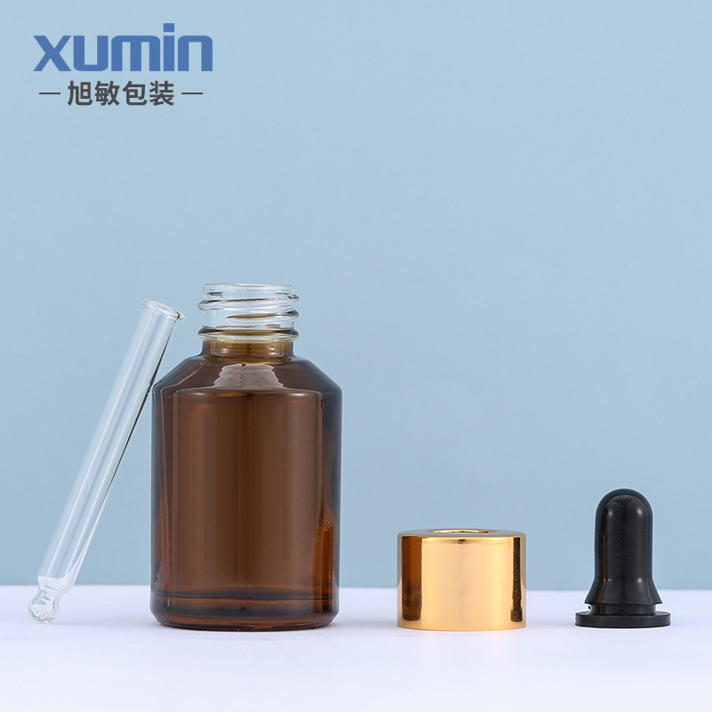 Botella de esencia de 30 ml, botella de vidrio marrón para líquidos, botella con gotero de goma negra, botella recargable, material de embalaje Xumin, líquido de esencia.