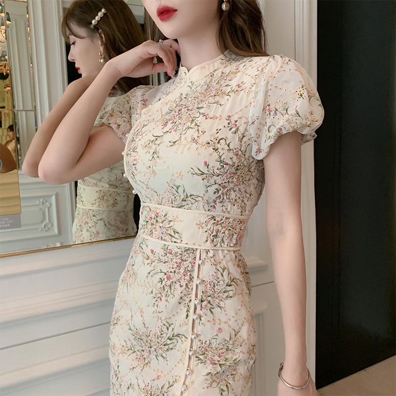 Đầm maxi nữ thêu hoa phong cách Trung Hoa mới, chất voan mềm mại — Màu mơ