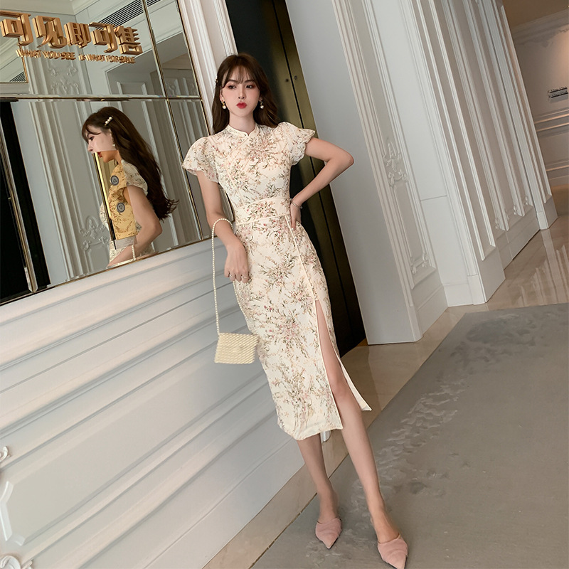 Đầm maxi nữ thêu hoa phong cách Trung Hoa mới, chất voan mềm mại — Màu mơ
