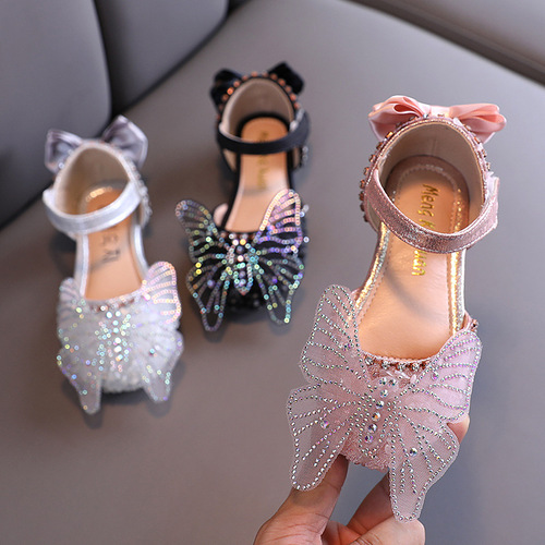 2024 Summer New Korean Style Rhinestone Soft Sole Girls Sandals Princess Shoes Children's Shoes Spring Style Girls Leather Shoes