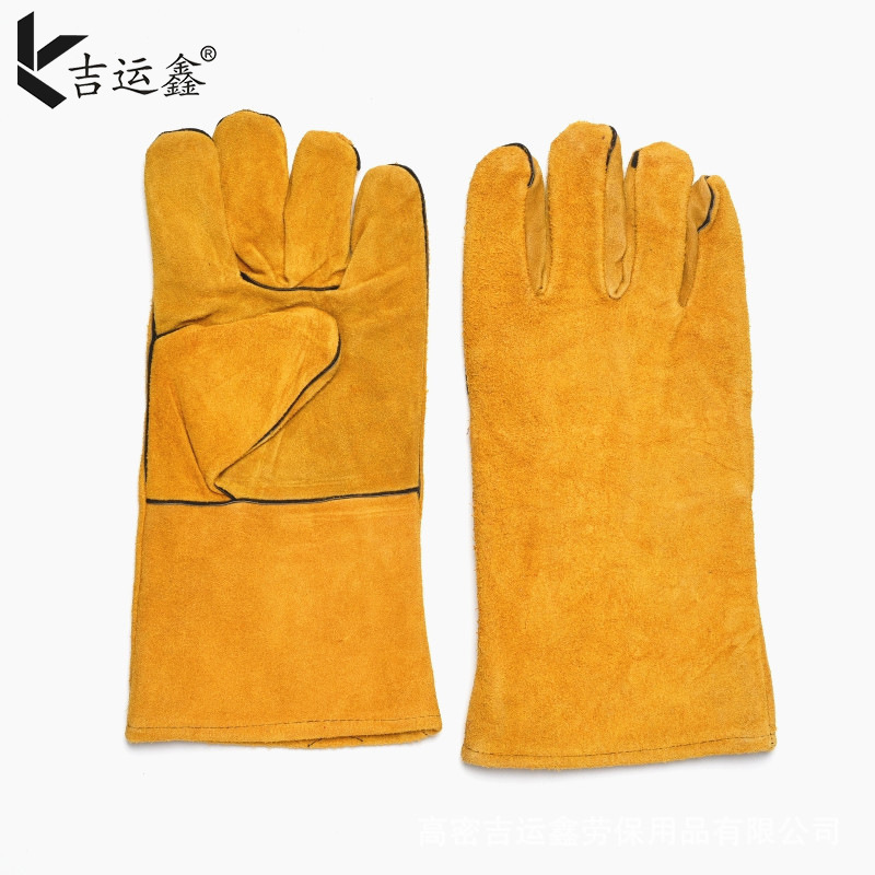 供应双层黄色电焊手套工地耐磨防滑手套长款焊接焊工手套批发防烫