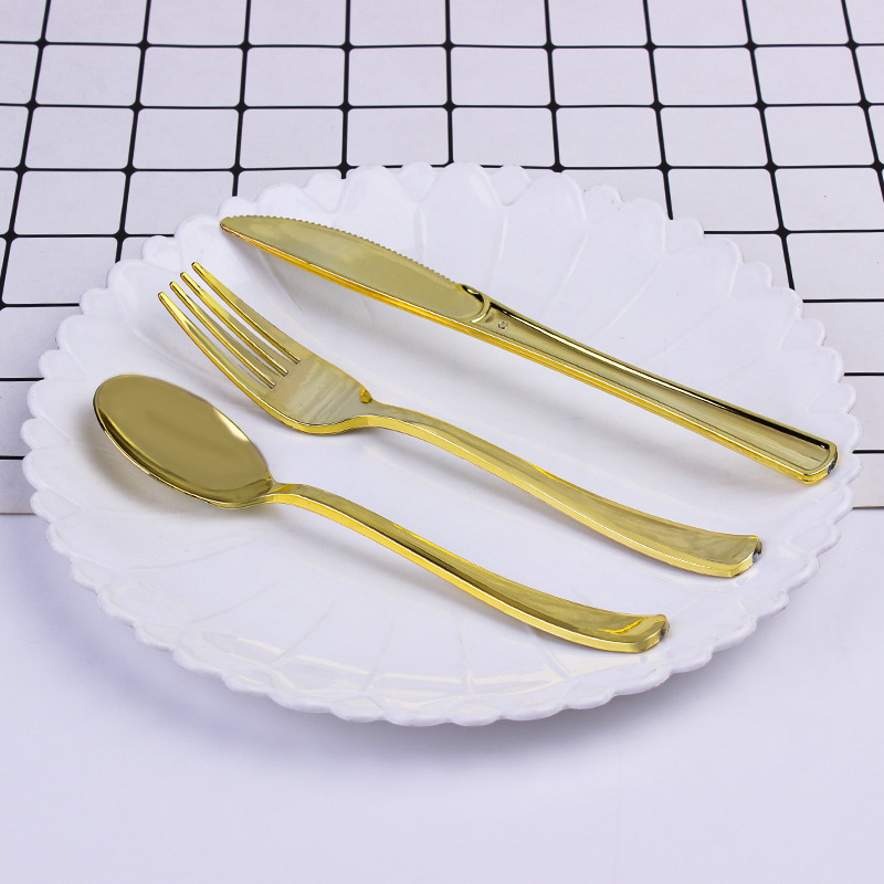 0.21 Yuan/Piece Manufacturer's Spot Uv Electroplating Disposable Knife, Fork and Spoon for Meal Birthday Party Set Cross-Border Supply