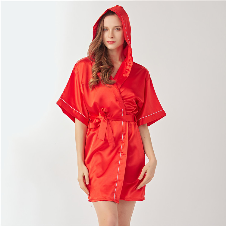 Women's Nightgown Hooded Bathrobe Women's Imitation Silk Hooded Home Clothes Summer Thin Cardigan Wedding Hotel