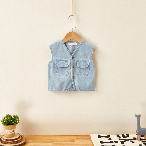 Spring and Autumn Infant Denim Vest Jacket Children's Sleeveless Vest Small and Medium-sized Baby Loose Waistcoat Korean Trend