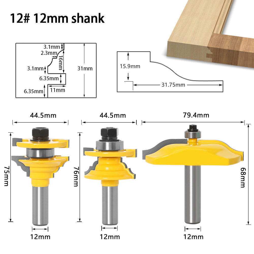 Juego de 3 piezas 12 mango cuchillo de puerta de gabinete cuchillo de puerta de madera maciza carpintería fresadora Tenon cuchillo de puerta de gabinete
