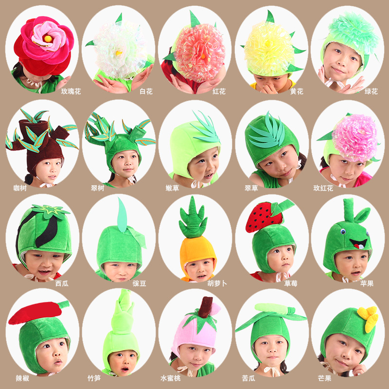 Children's and adults' parent-child dance performance headdresses featuring flowers, trees, fruits, vegetables, peaches, mangoes, and strawberries