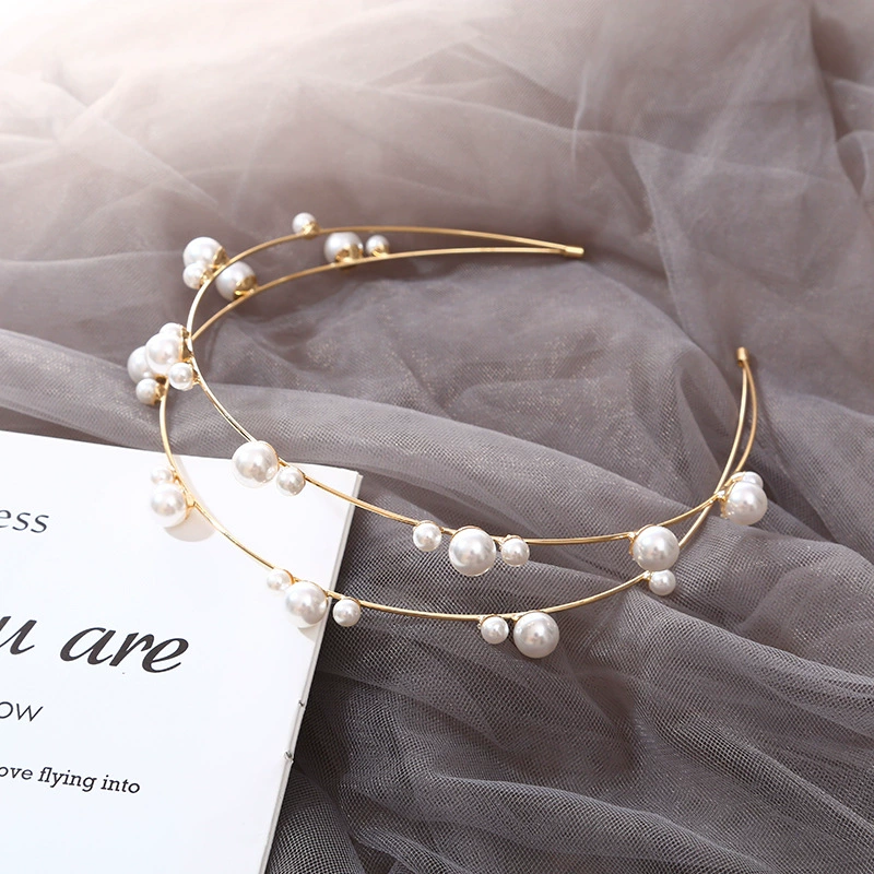 (Cross-border trading), double-layer fashionable headband pearl, double row retro hair accessory for bride, Korean style, simple and elegant design