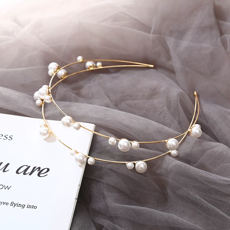 (Cross-border trading), double-layer fashionable headband pearl, double row retro hair accessory for bride, Korean style, simple and elegant design