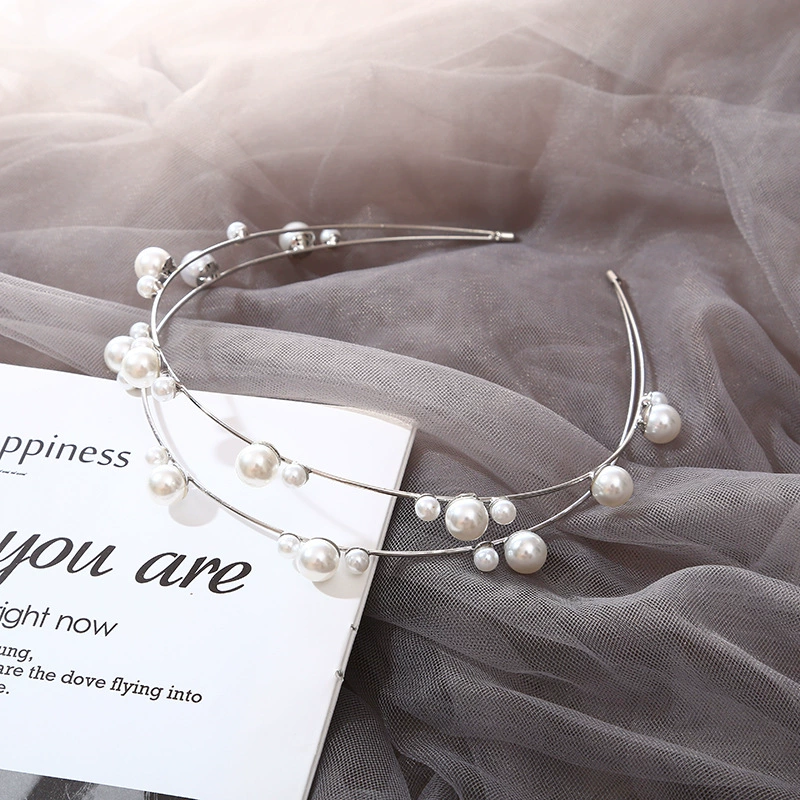 (Cross-border trading), double-layer fashionable headband pearl, double row retro hair accessory for bride, Korean style, simple and elegant design