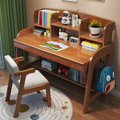 A children's study desk and chair set for home use, bedroom, suitable for primary school students, height-adjustable solid wood desk with bookshelf