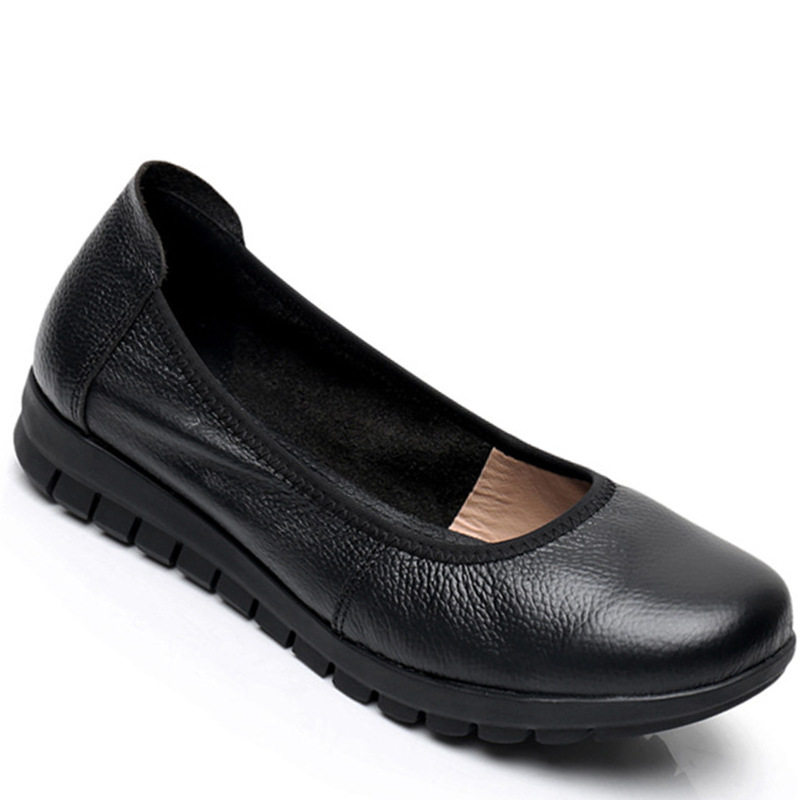 Genuine leather work shoes women's black non-slip flat work leather shoes soft bottom round toe women's shoes work shoes professional shallow mouth shoes