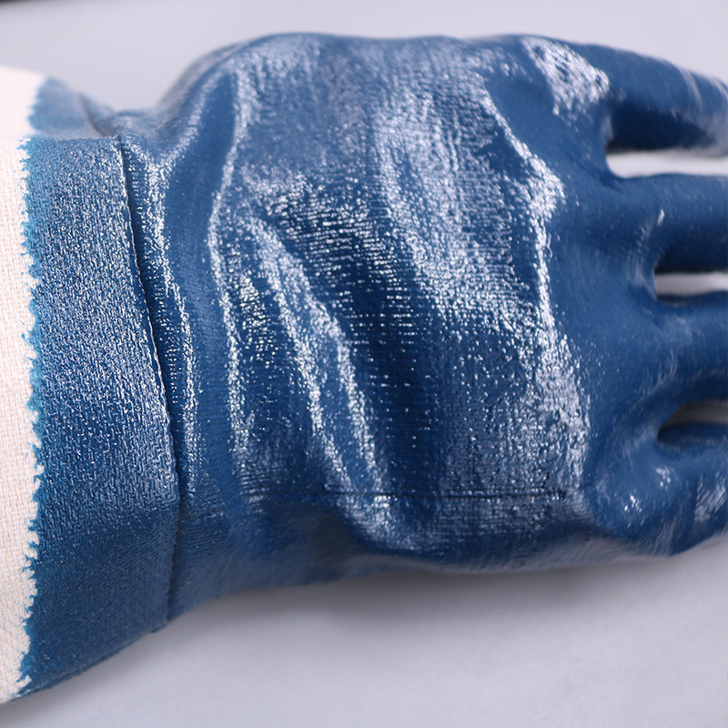 Inmersión grande boca ancha lona azul nitrilo guantes de trabajo a prueba de aceite pegamento colgando adhesivo nitrilo guantes de trabajo resistentes al desgaste