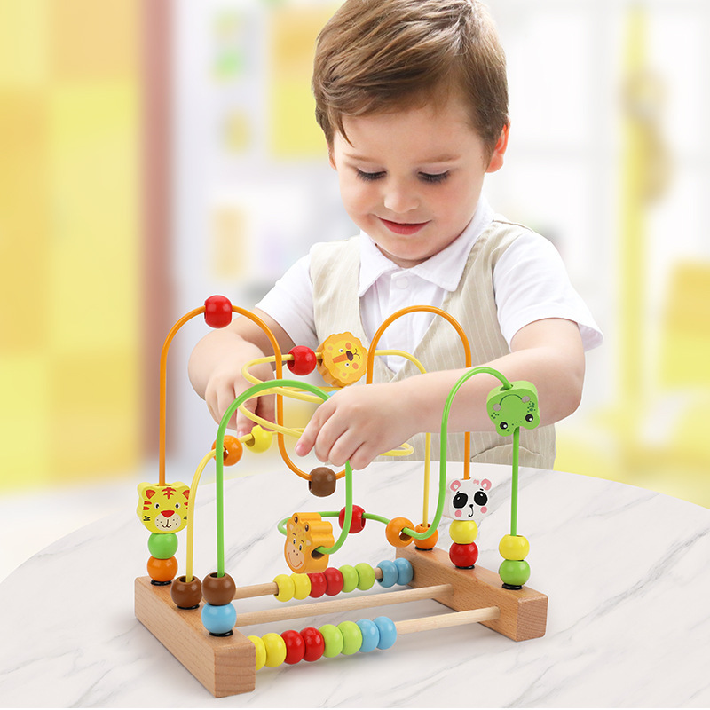 Collares de madera para niños, niños de 1 a 3 años, 2 animales de educación temprana, frutas beneficio, inteligencia mano-ojo, coordinación juguetes de bloque de construcción