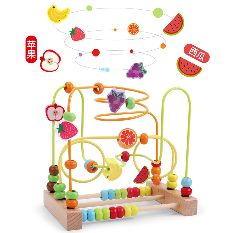 Collares de madera para niños, niños de 1 a 3 años, 2 animales de educación temprana, frutas beneficio, inteligencia mano-ojo, coordinación juguetes de bloque de construcción