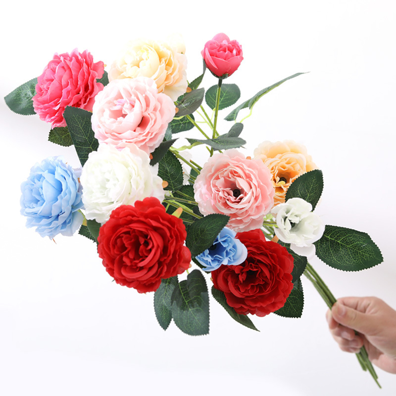 Fábrica directa peonía extranjera flor artificial ramo artificial europeo hogar Decoración flor arreglo tela de seda boda artificial rosa