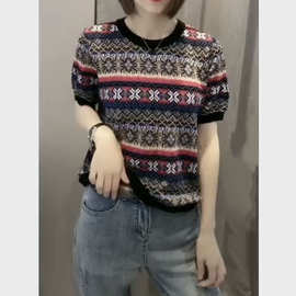 强187民族风女短袖T恤2025夏季新款修身显瘦圆领撞色几何图案上衣